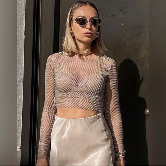 Zara Tops - ZARA RHINESTONE MESH CROP TOP